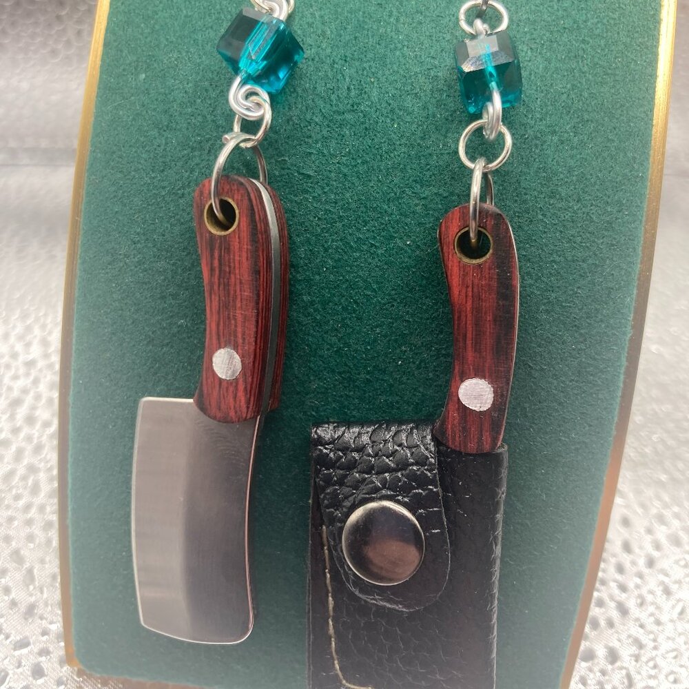Handmade Witch B*tch Real Butcher Knife and Blue/Green Glass Bead Earrings